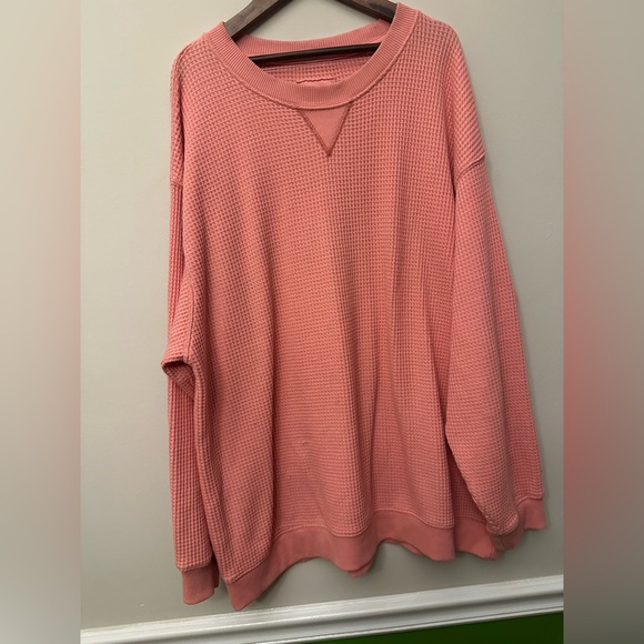 Aerie Oversized Waffle Knit Crewneck Sweatshirt L Peach Coral Pink EUC - Picture 3 of 6
